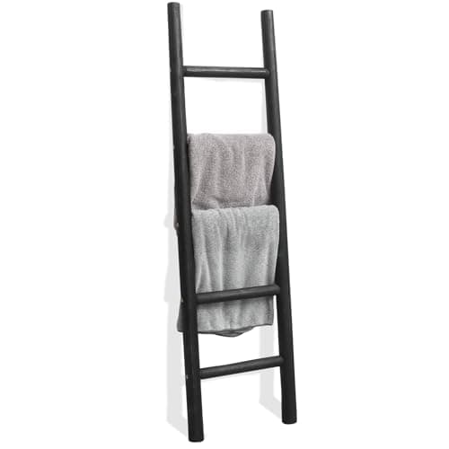FUIN 57in Wood Blanket Ladder Living Room Decorative Wall Leaning Farmhouse Quilt Display Holder Rustic Wooden Towel Rack for Bathroom, Black - Image 1