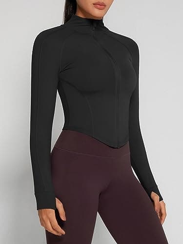 GYM RAINBOW Womens Snatched Workout Jackets Lightweight Zip Up Slim Fit Gym Track Athletic Jackets with Thumb Holes(#1 Black,Small) - Image 2