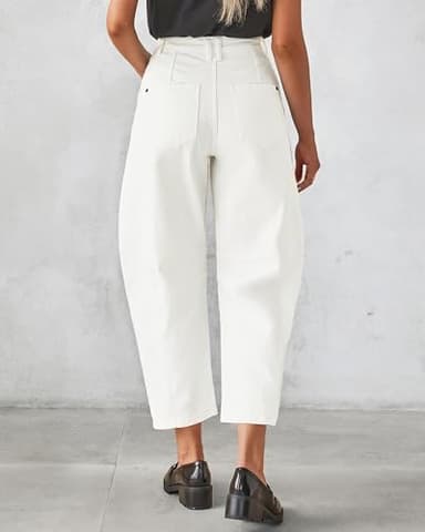 GRAPENT Women's High Waisted Crop Jeans - Barrel Leg Casual Summer Pant Size 4-6 Cream White - Image 2