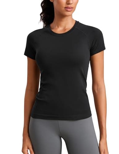CRZ YOGA Seamless Workout Tops for Women Short Sleeve Athletic Tees Breathable Gym Running Yoga Shirts Black Medium - Image 1