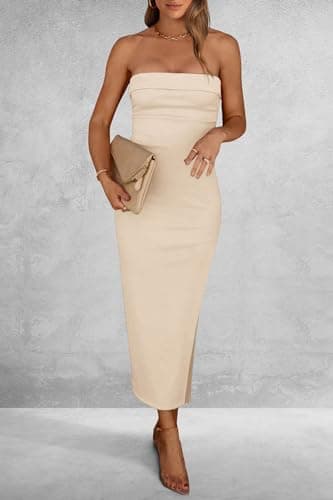 PRETTYGARDEN Women's Summer Bodycon Maxi Tube Dress Ribbed Strapless Side Slit Long Going Out Casual Elegant Party Dresses (Beige,Medium) - Image 7