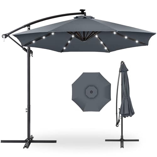 Best Choice Products 10ft Solar LED Offset Hanging Market Patio Umbrella for Backyard, Poolside, Lawn and Garden w/Easy Tilt Adjustment, Polyester Shade, 8 Ribs - Slate - Image 1