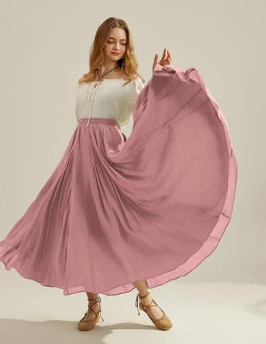 Women Elastic High Waist Swing Maxi Flowy Summer Long Skirt Dusty Rose M - Image 4