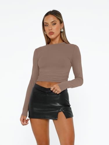 AUTOMET Womens Long Sleeve T-Shirts Trendy Basic Fitted Compression Going Out Crop Tops Fall Fashion Y2K Clothes 2025 Outfits Coffee Grey M - Image 2