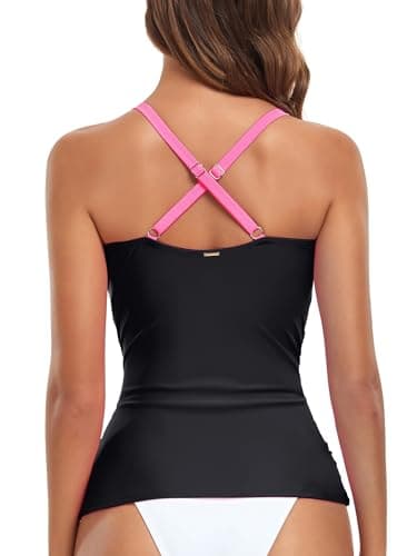 RELELCIGA Women’s Tankini Top V Neck Ruched Tummy Control Bathing Suit Top(Hot Pink+Black,S) - Image 6