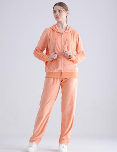 Yasumond Womens Sweatsuits Velour Tracksuit 2 Piece Outfits Long Sleeve Zip Up Hooded Lounge Velvet Sweatshirt and Straight Leg Sweatpants Set Orange M - Image 2