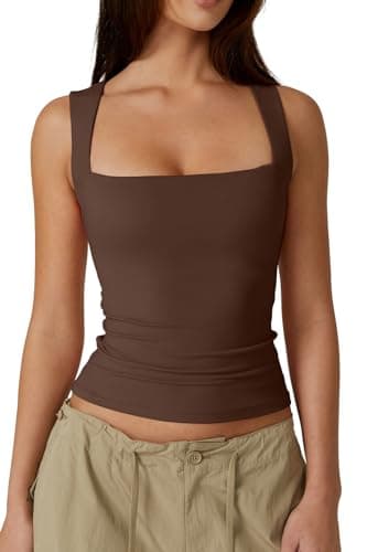 QINSEN Womens Tank Top Sleeveless Square Neck Casual Basic Fitted T- Shirts Brown L - Image 1