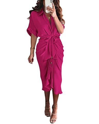BTFBM Women Button Down Ruched Shirt Dresses Satin Short Sleeve Lapel V Neck Summer Maxi Dress 2025 Party Wedding Guest(Rose Red, Small) - Image 1