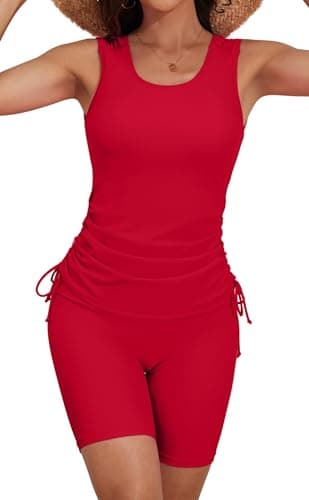 B2prity Tankini Swimsuits for Women Tummy Control Two Piece Bathing Suit Tank Top with Shorts Side Tie Swimwear Red - Image 1