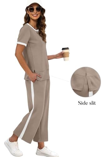 XIEERDUO Two Piece Lounge Sets for Women Casual Summer 2 PC Travel Outfits Spring Fashion Short Sleeve Tracksuit Cozy Wide Leg Airport Loungewear Women's Holiday Vacation Clothes Khaki S - Image 2