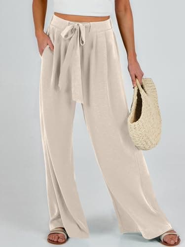 Caracilia Women Wide Leg Palazzo Pants Summer High Waist Flowy Casual Trousers Loose Lounge Beach Travel Vacation Clothes Apricot Medium - Image 3