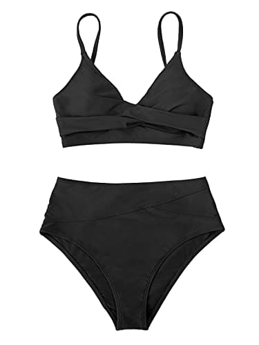 CUPSHE Women's Bikini Sets Two Piece Swimsuit High Waisted V Neck Twist Front Adjustable Spaghetti Straps Bathing Suit, S Black - Image 4