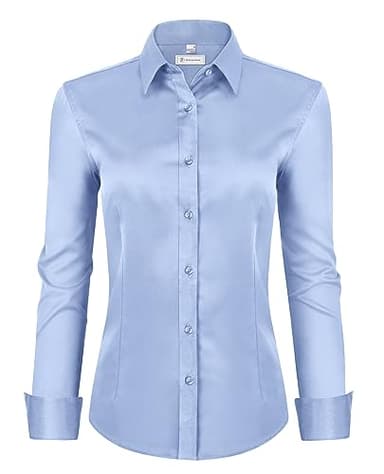 siliteelon Womens Classic-Fit Dress Shirts Long Sleeve Button Down Wrinkle-Free Solid Casual Work Office Blouse Top Blue X-Small - Image 1
