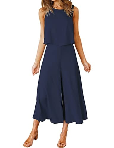 ROYLAMP Women's Summer 2 Piece Outfits Round neck Crop Basic Top Cropped Wide Leg pants Set Jumpsuits Navy Blue M - Image 1
