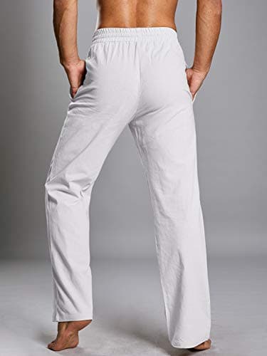 PASLTER Mens Casual Linen Pants Loose Fit Straight-Legs Elastic Drawstring Waist Summer Beach Yoga Long Pants B-White - Image 5