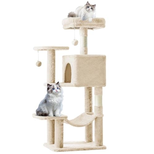 Sweetcrispy 44 inch Cat Tree Tower, Multi-Cat Climbing Tower with Condo, Natural Sisal Scratching Posts, Extended Platform, Hammock, Pet House for Indoor Cats and Kittens Play, Beige - Image 1