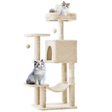 Sweetcrispy 44 inch Cat Tree Tower, Multi-Cat Climbing Tower with Condo, Natural Sisal Scratching Posts, Extended Platform, Hammock, Pet House for Indoor Cats and Kittens Play, Beige - Image 1