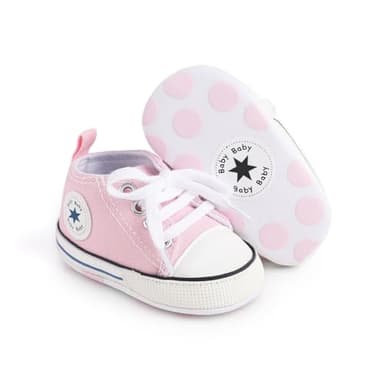 xioqen Unisex Baby Boys Girls Shoes, Newborn Infant Non-Slip Canvas Denim High Top Sneakers, Toddler First Walkers Shoes (01/Light Pink, 6-12 Months - Image 1