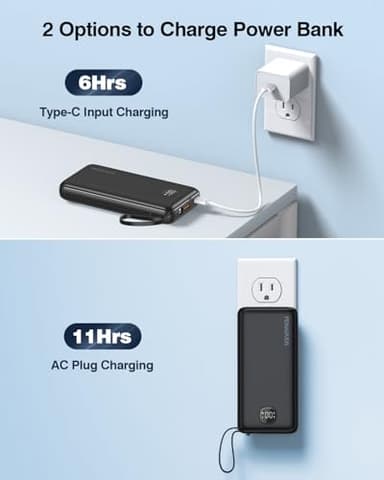 penaover Portable Charger with Built-in Cables&AC Wall Plug,5 Output 2 Input 20000mAh Power Bank,22.5W Fast Charging Battery Pack with LED Display,Compatible with iPhones,Android, Samsung etc,Black - Image 6