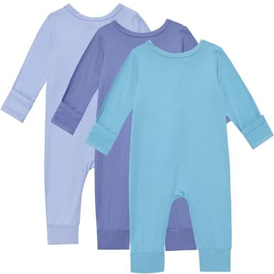 Aablexema Baby Footless Pajamas Bamboo Rayon 3pcs Unisex Infant Zipper Romper with Mitten Cuffs(Blue Set,18-24m) - Image 2