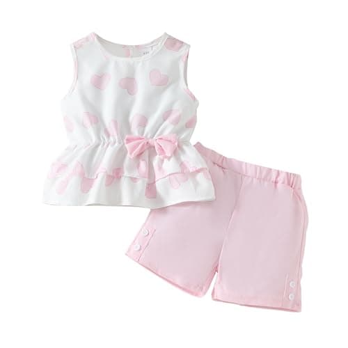 Kids Girl Clothes Heart Print Sleeveless Top and Shorts Baby Girl Summer Outfits Short Set(5-6T) - Image 1
