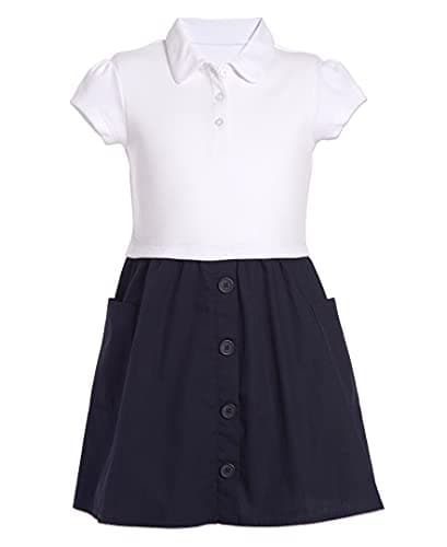 Nautica Big Girls School Uniform Short Sleeve Polo Dress, White/Navy Poplin, 20.5 - Image 1