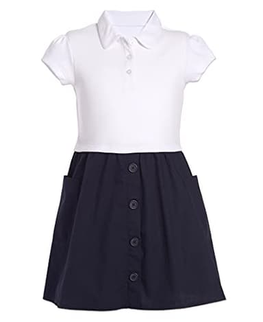 Nautica Big Girls School Uniform Short Sleeve Polo Dress, White/Navy Poplin, 20.5 - Image 1