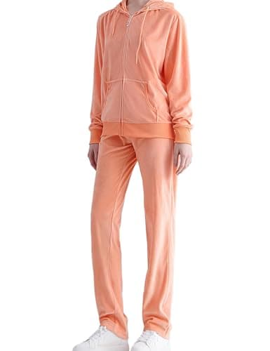 Yasumond Womens Sweatsuits Velour Tracksuit 2 Piece Outfits Long Sleeve Zip Up Hooded Lounge Velvet Sweatshirt and Straight Leg Sweatpants Set Orange M - Image 1