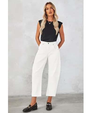 GRAPENT Women's High Waisted Crop Jeans - Barrel Leg Casual Summer Pant Size 4-6 Cream White - Image 6