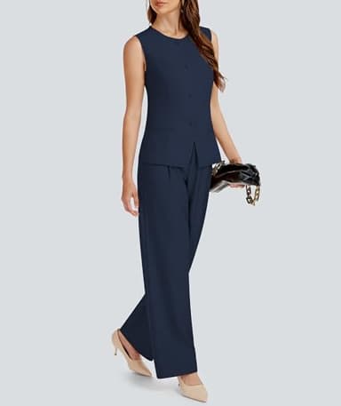 Casly Lamiit Two Piece Sets for Women Dressy Business Suit Set Sleeveless Blazer Vest Pants with Pockets Trendy Outfits Professional Clothes Navy Blue S - Image 3