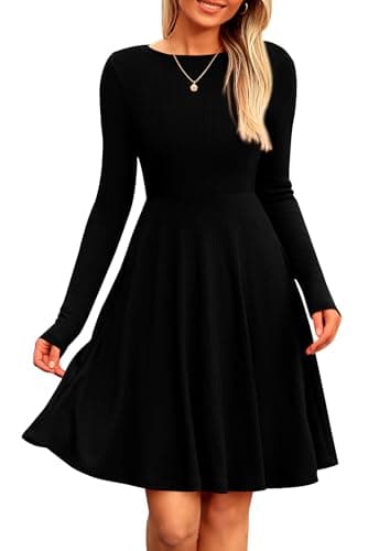 PRETTYGARDEN Women's Fall Short Dress Ribbed Knit Crewneck Long Sleeve A Line Flowy Casual Elegant Going Out Winter Dresses (Black,Medium) - Image 1