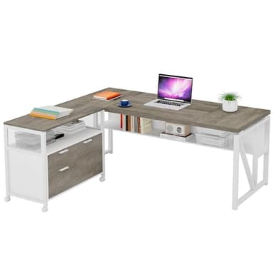 Tribesigns L Shaped Desk with Drawer Cabinet, 63" Executive Computer Desk and lateral File Cabinet, 2 Piece Home Office Furniture with Drawers for Hanging File, Doors with Locks (Dark Oak, 63-inches) - Image 8