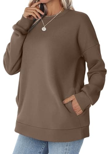 WIHOLL Long Sleeve Shirts for Women Crewneck Sweatshirts Pocket Lightweight Pullovers Casual Tops Winter Clothing Brown Coffee M - Image 4