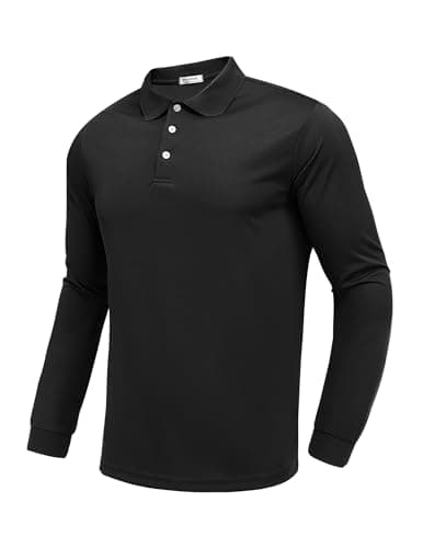 PINSPARK Mens Black Long Sleeve Polo Slim Fit Golf Shirts for Men Quick Dry Moisture Wicking Polo Shirts Collared Shirt Men - Image 1