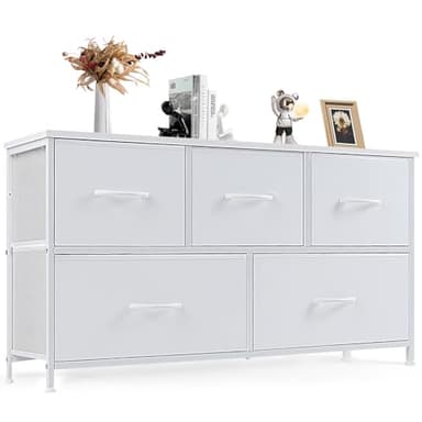 DUMOS Dresser for Bedroom, 5 Storage Drawers, Wide Fabric Closet Chests Organizer Tower Furniture with Wooden Top Metal Frame for Clothes, Guest Room, Living Room, Hallway, Entryway - Image 1