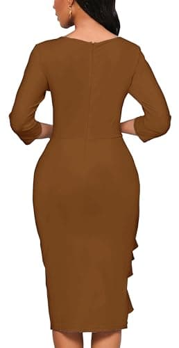 Brown Dress Sexy 3/4 Sleeve Ruched Church Simi Formal Pencil Midi Sheath Dress(Brown XXX-Large) - Image 6