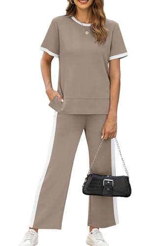 XIEERDUO Two Piece Lounge Sets for Women Casual Summer 2 PC Travel Outfits Spring Fashion Short Sleeve Tracksuit Cozy Wide Leg Airport Loungewear Women's Holiday Vacation Clothes Khaki S - Image 1