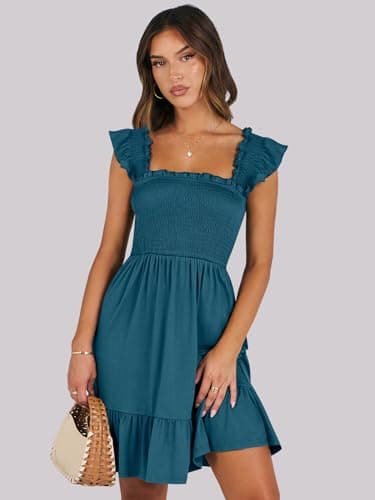 ANRABESS Women's Summer Casual Sleeveless Square Neck Dress 2025 Smocked Ruffle Backless Boho Beach Cute Teen Short Sundress Tile Blue x-Small - Image 9