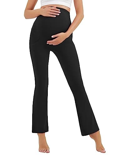 HEGALY Women's Maternity Flare Leggings Over The Belly - Casual Pregnancy Yoga Pants with Pockets Buttery Soft Black - Image 4