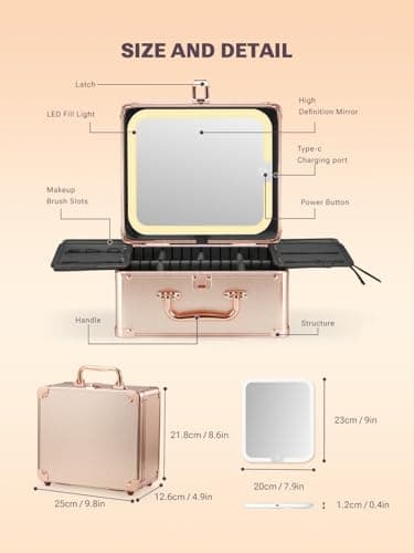 Qislee Makeup Box with A Detachable Lighted Mirror, Waterproof Travel Train Case, Cosmetic Organizer and Makeup Suitcase with Adjustable Dividers, Magnetic LED Mirror(Rose Gold) - Image 3