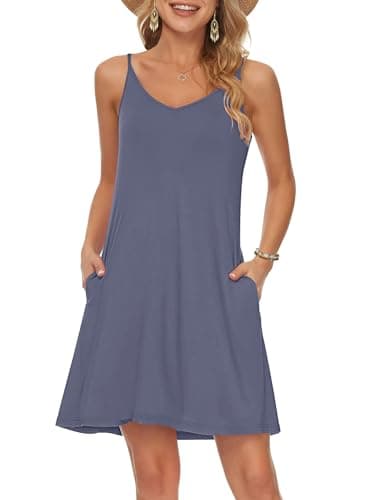 MISFAY Women's Summer Spaghetti Strap Casual Swing Tank Beach Cover Up Dress with Pockets(Purple Gray,3XL) - Image 1