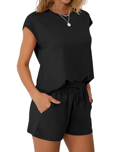 WIHOLL 2 Piece Sets for Women Summer Outfits 2025 Vacation Trendy Lounge Crew Neck 2 piece Matching Sets Women's Clothing Cap Sleeve Pants Set Cruise Travel Airport Sweat Set Black 2XL - Image 3