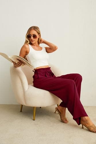 IWOLLENCE Women's Wide Leg Pants with Pockets High Waist Adjustable Knot Loose Casual Trousers Business Work Casual Pants Wine Red XX-Large - Image 5