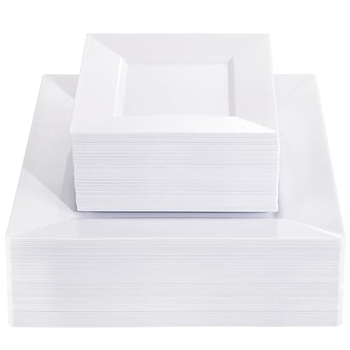 Liacere 100PCS White Square Plastic Plates - 50PCS Heavy Duty 9.5inch White Dinner Plates and 50PCS 6inch White Dessert Plates - Durable Fancy White Disposable Plates for Party & Wedding - Image 1