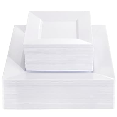 Liacere 100PCS White Square Plastic Plates - 50PCS Heavy Duty 9.5inch White Dinner Plates and 50PCS 6inch White Dessert Plates - Durable Fancy White Disposable Plates for Party & Wedding - Image 1