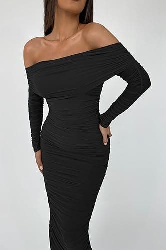 PRETTYGARDEN Women's Fall Off Shoulder Maxi Bodycon Dress Long Sleeve Ruched Fitted Club Dresses with Slit (Black,Small) - Image 6