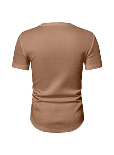 JMIERR Men's Muscle Shirt V Neck Slim Longline Short Sleeve Henley Shirt Gym Workout Athletic Tees Shirts Mens Tights for Sports,US 46(XL) A Brown - Image 6