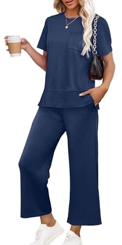 OFEEFAN Two Piece Outfits for Women Casual Summer Travel Lounge Sets Spring Tracksuit Airport Loungewear Vacation Clothes Wide Leg Crop Pants Matching Clothing Set Women's Sweat Track Suit Navy M - Image 1