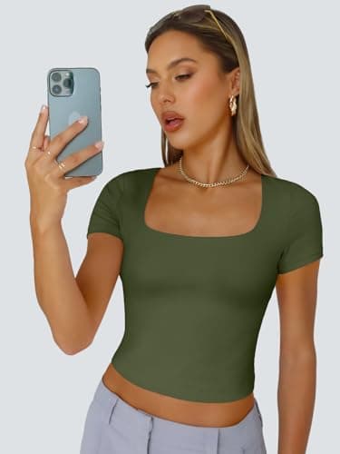Trendy Queen Tshirts Shirts for Women Double Lined Going Out Crop Tops 2025 Spring Summer Workout Y2k Clothes Beach Fashion ArmyGreen L - Image 5
