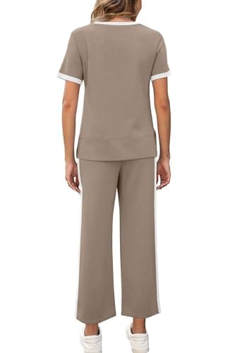 XIEERDUO Two Piece Lounge Sets for Women Casual Summer 2 PC Travel Outfits Spring Fashion Short Sleeve Tracksuit Cozy Wide Leg Airport Loungewear Women's Holiday Vacation Clothes Khaki S - Image 4